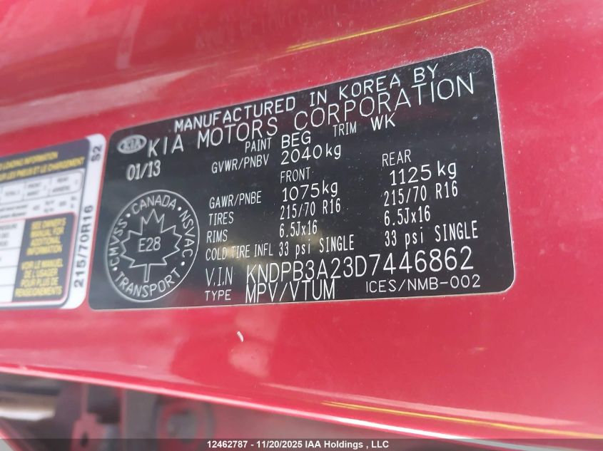 2013 Kia Sportage Lx VIN: KNDPB3A23D7446862 Lot: 12462787