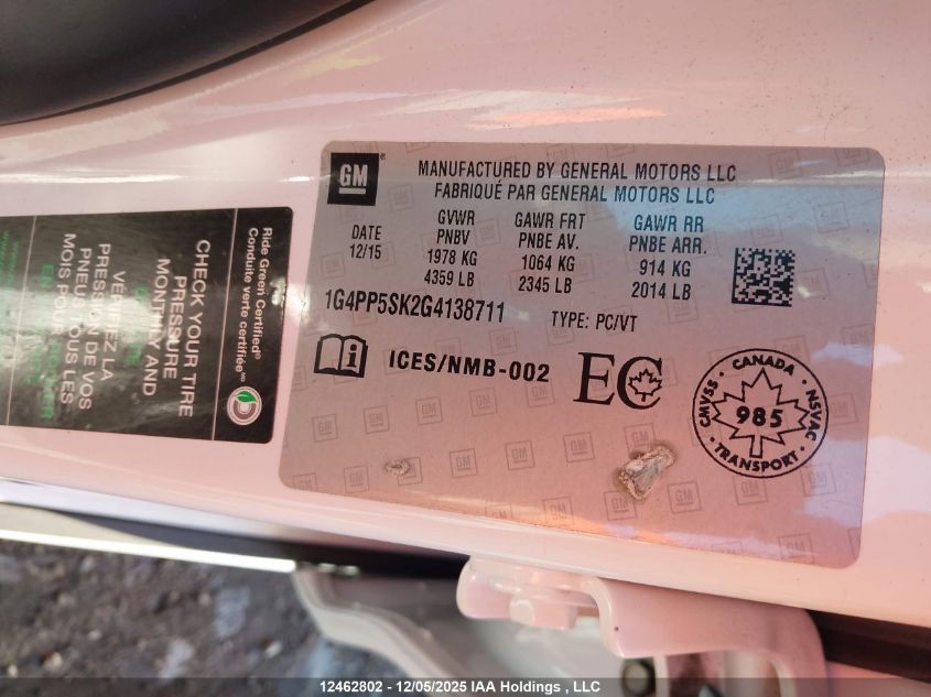 2016 Buick Verano VIN: 1G4PP5SK2G4138711 Lot: 12462802