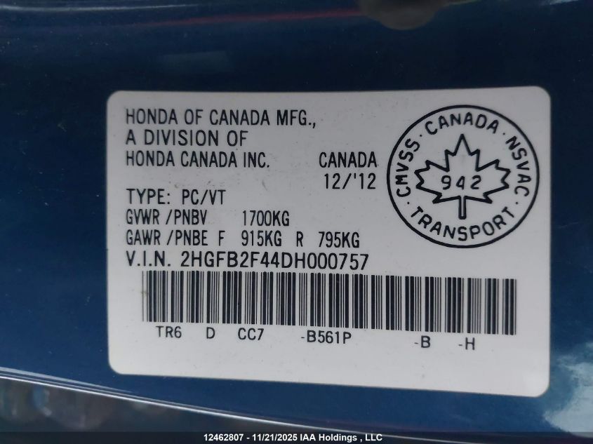 2013 Honda Civic VIN: 2HGFB2F44DH000757 Lot: 12462807