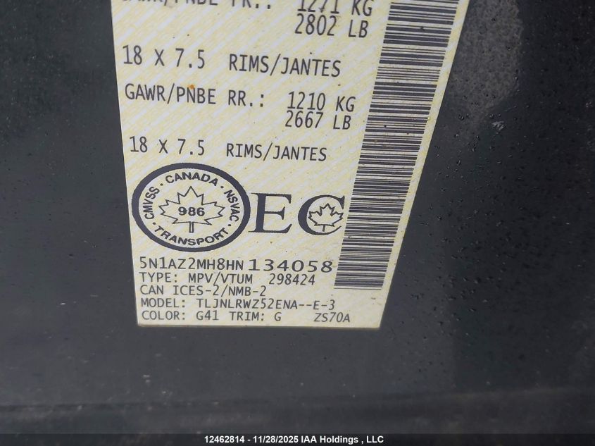 2017 Nissan Murano VIN: 5N1AZ2MH8HN134058 Lot: 12462814