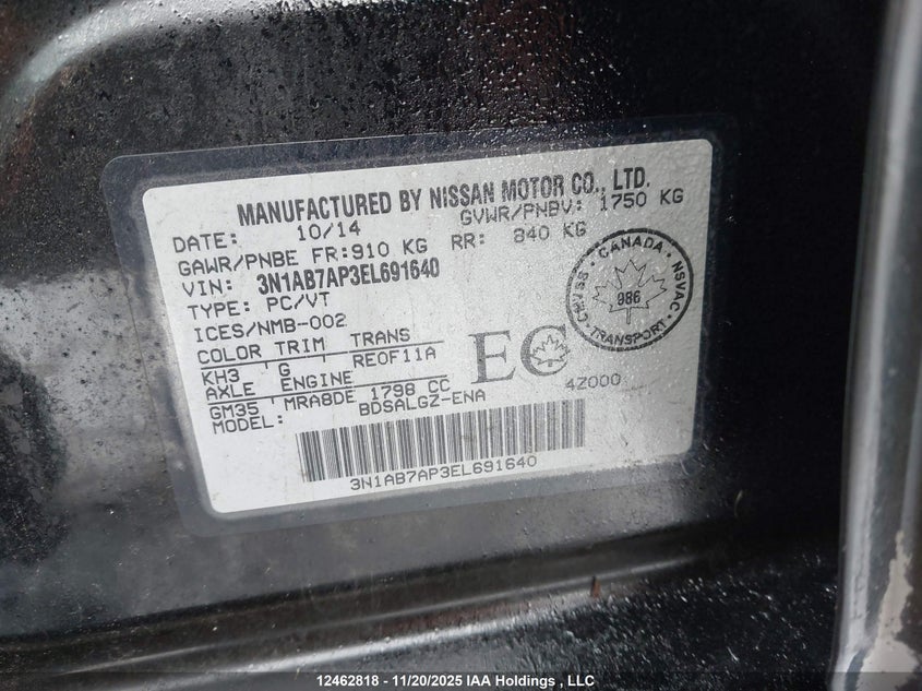 2014 Nissan Sentra S/Sv/Sr/Sl VIN: 3N1AB7AP3EL691640 Lot: 12462818