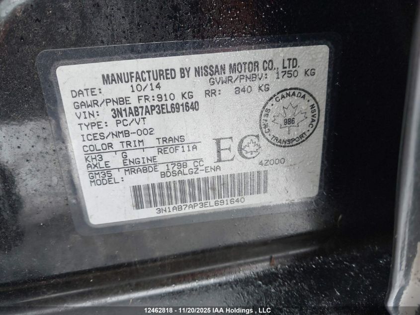 2014 Nissan Sentra S/Sv/Sr/Sl VIN: 3N1AB7AP3EL691640 Lot: 12462818