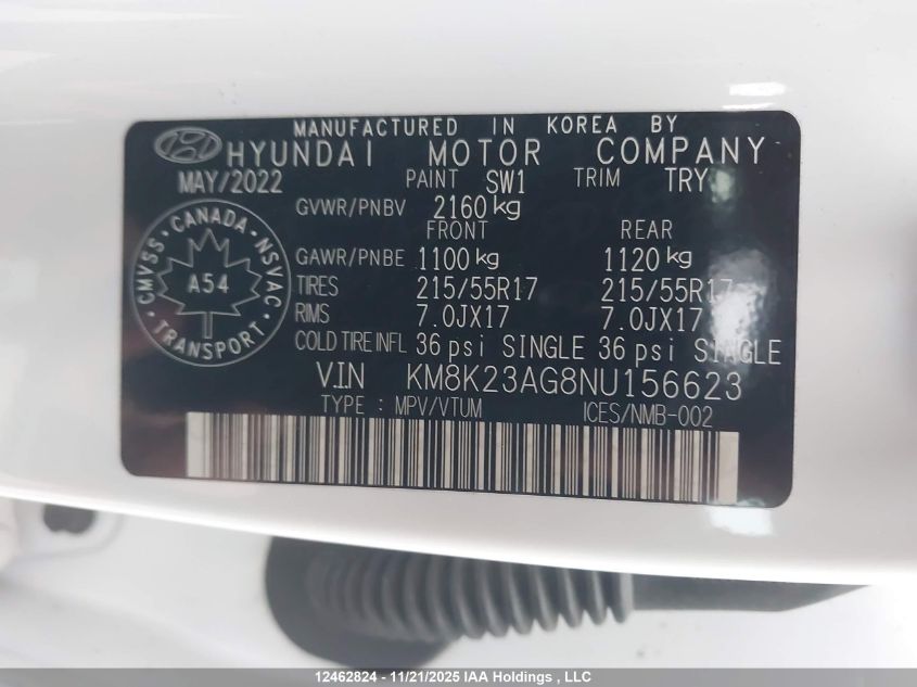 2022 Hyundai Kona Electric Preferred With Two-Tone Roof VIN: KM8K23AG8NU156623 Lot: 12462824