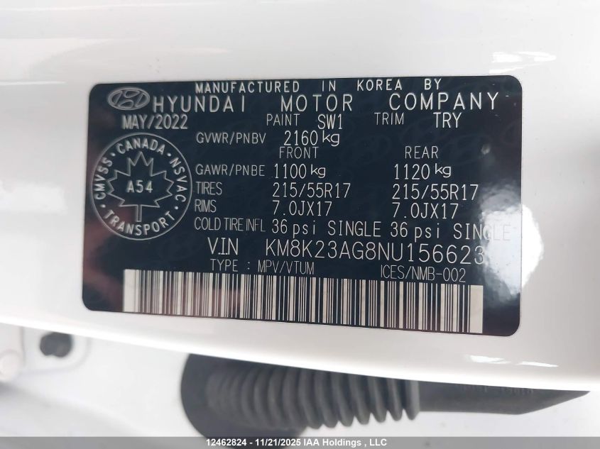 2022 Hyundai Kona Electric Preferred With Two-Tone Roof VIN: KM8K23AG8NU156623 Lot: 12462824