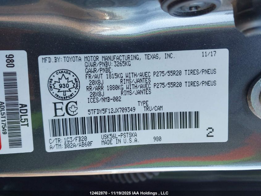 2018 Toyota Tundra Sr5 Plus 5.7L V8 VIN: 5TFDY5F12JX709349 Lot: 12462870