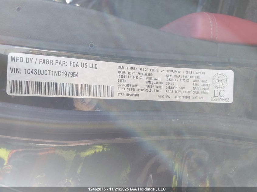 2022 Dodge Durango R/T Plus VIN: 1C4SDJCT1NC197954 Lot: 12462875