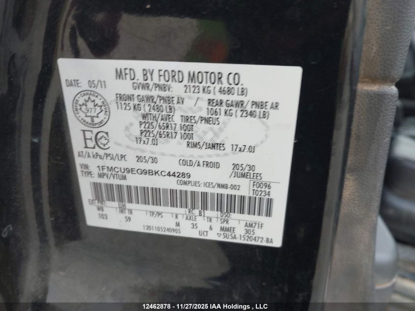 2011 Ford Escape Limited VIN: 1FMCU9EG9BKC44289 Lot: 12462878