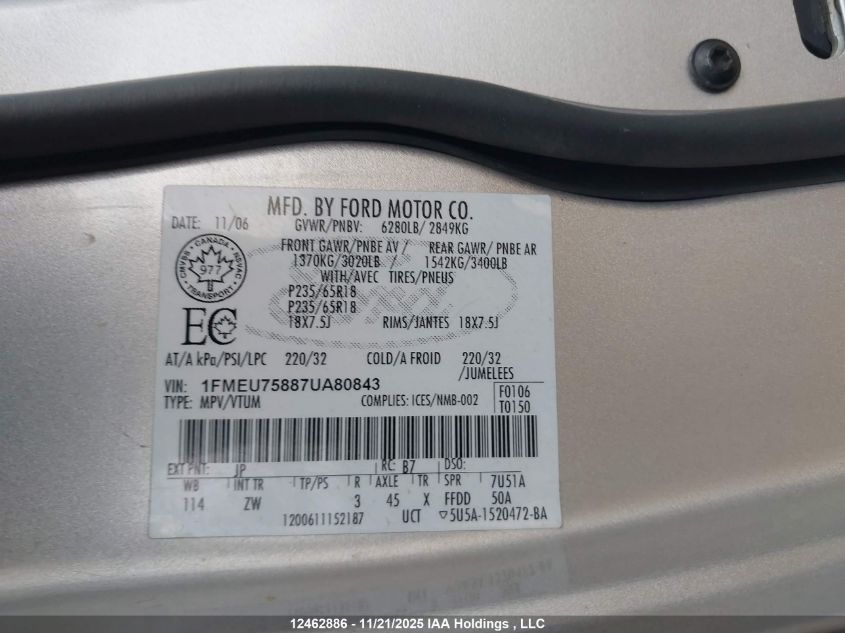 2007 Ford Explorer Limited VIN: 1FMEU75887UA80843 Lot: 12462886