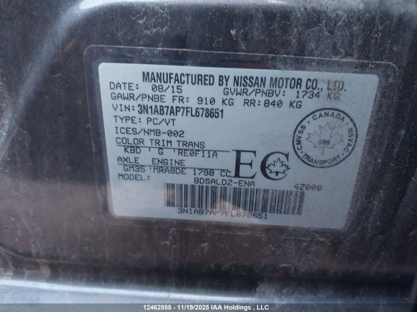 2015 Nissan Sentra VIN: 3N1AB7AP7FL678651 Lot: 12462888