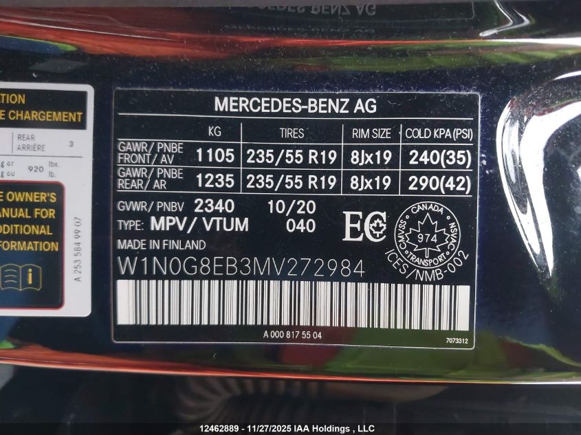 2021 Mercedes-Benz Glc 300 4Matic VIN: W1N0G8EB3MV272984 Lot: 12462889