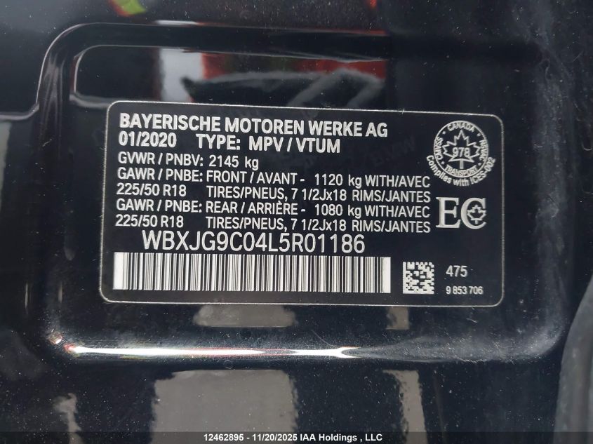 2020 BMW X1 xDrive28I VIN: WBXJG9C04L5R01186 Lot: 12462895