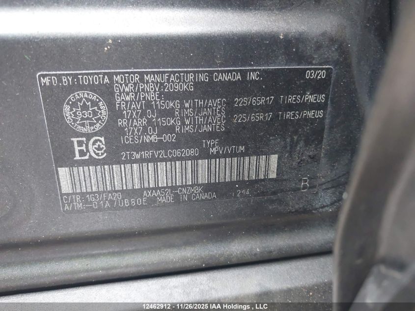 2020 Toyota Rav4 Xle/Xle Premium VIN: 2T3W1RFV2LC062080 Lot: 12462912