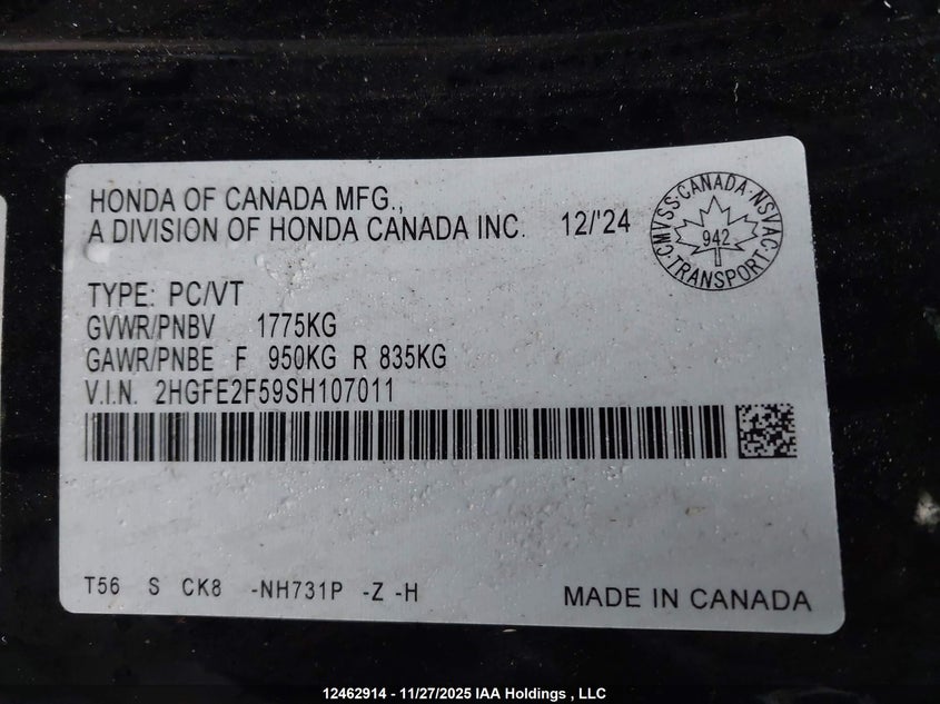 2HGFE2F59SH107011 2025 HONDA CIVIC photo no. 9