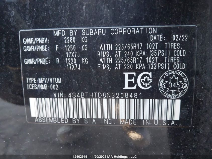 2022 Subaru Outback Wilderness VIN: 4S4BTHTD8N3208481 Lot: 12462919