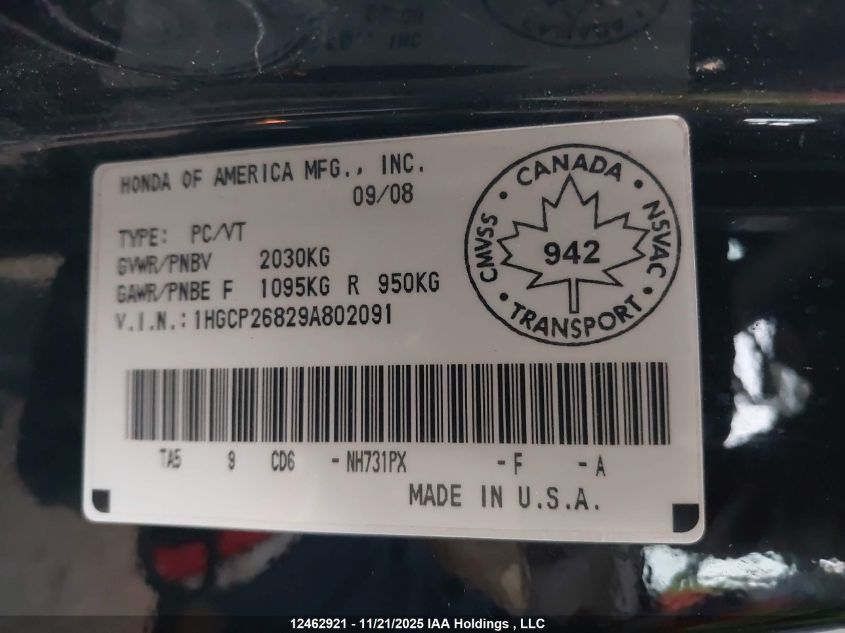 2009 Honda Accord Exl VIN: 1HGCP26829A802091 Lot: 12462921