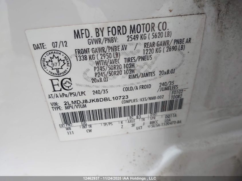 2013 Lincoln Mkx VIN: 2LMDJ8JK8DBL10723 Lot: 12462937