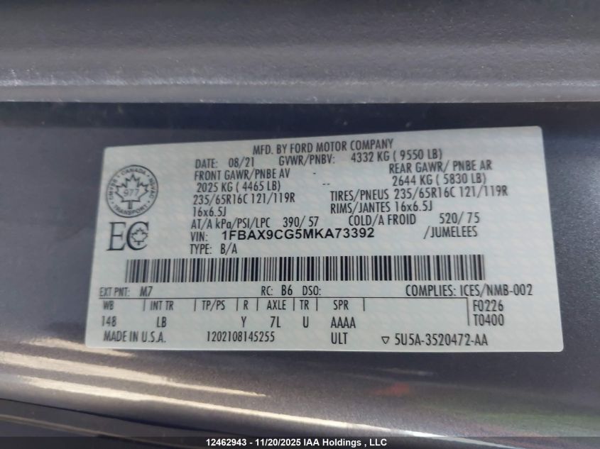 2021 Ford Transit T-350 VIN: 1FBAX9CG5MKA73392 Lot: 12462943