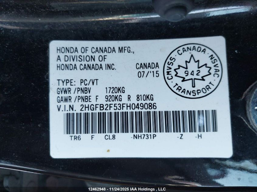 2015 Honda Civic Ex VIN: 2HGFB2F53FH049086 Lot: 12462948