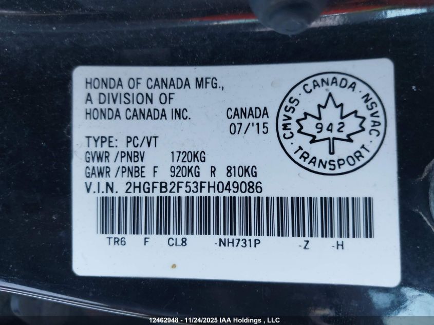 2015 Honda Civic Ex VIN: 2HGFB2F53FH049086 Lot: 12462948