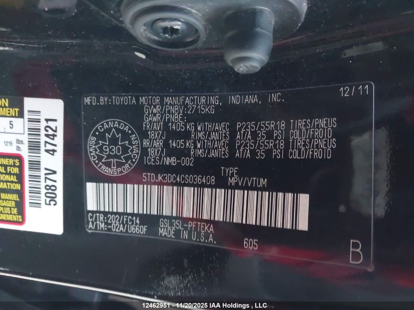 2012 Toyota Sienna Le VIN: 5TDJK3DC4CS036408 Lot: 12462951