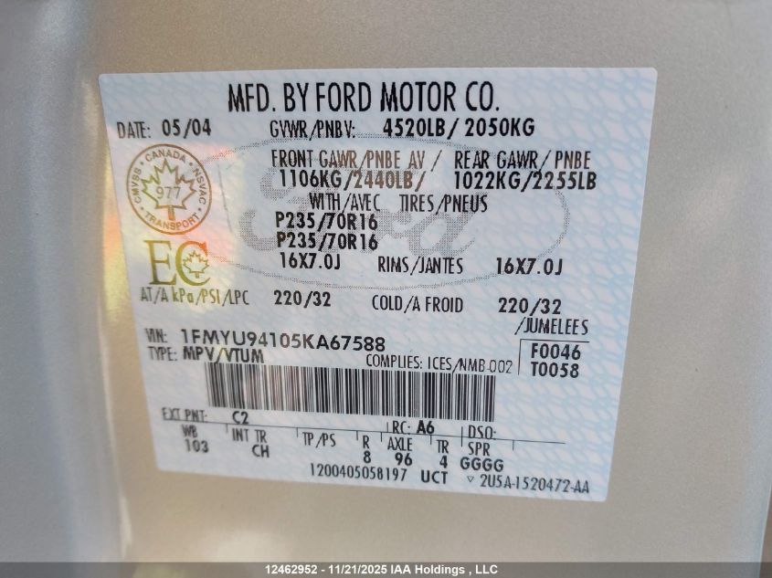 2005 Ford Escape Limited VIN: 1FMYU94105KA67588 Lot: 12462952