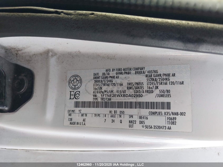 2011 Ford Econoline E250 Van VIN: 1FTNE2EWXBDA02950 Lot: 12462960