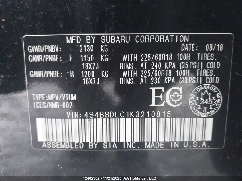 2019 Subaru Outback 2.5I Limited VIN: 4S4BSDLC1K3210815 Lot: 12462962