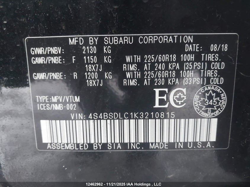 2019 Subaru Outback 2.5I Limited VIN: 4S4BSDLC1K3210815 Lot: 12462962