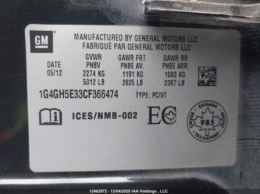 2012 Buick Lacrosse Ultra Luxury Group VIN: 1G4GH5E33CF366474 Lot: 12462972