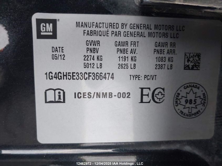 2012 Buick Lacrosse Ultra Luxury Group VIN: 1G4GH5E33CF366474 Lot: 12462972