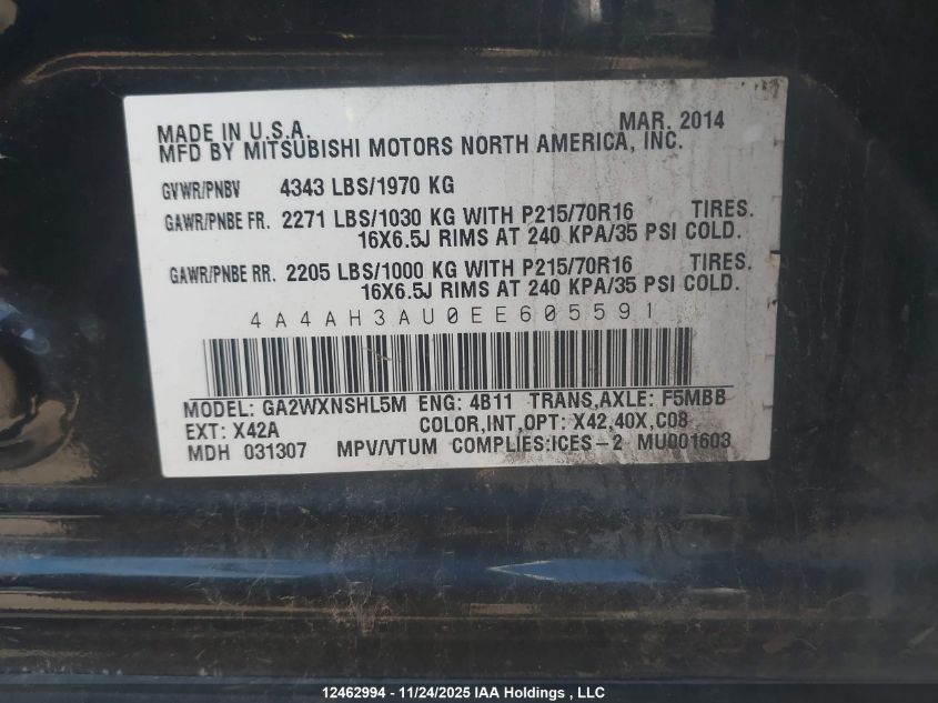 2014 Mitsubishi Rvr Se VIN: 4A4AH3AU0EE605591 Lot: 12462994