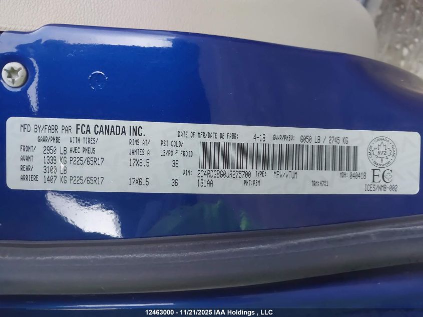 2018 Dodge Grand Caravan Cvp/Sxt VIN: 2C4RDGBG0JR275700 Lot: 12463000