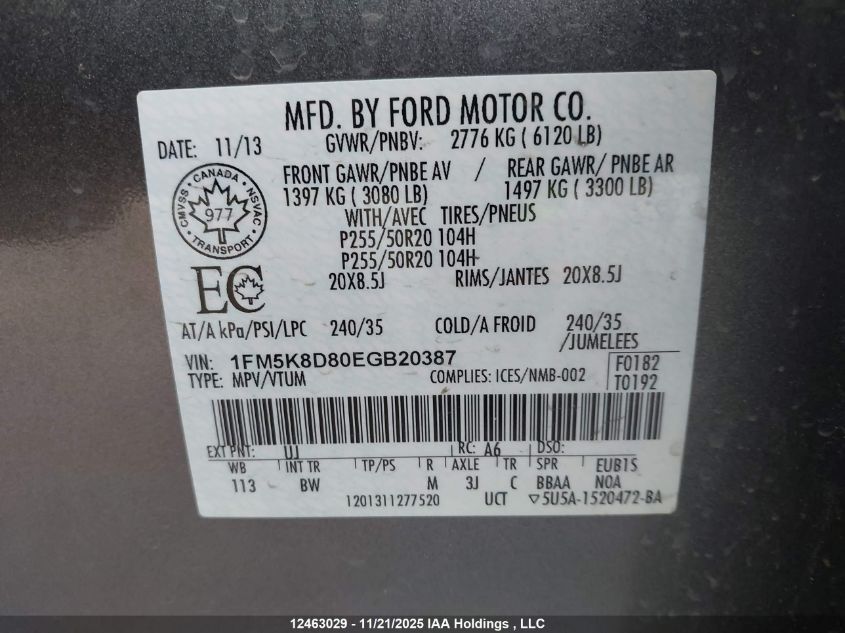 2014 Ford Explorer Xlt VIN: 1FM5K8D80EGB20387 Lot: 12463029