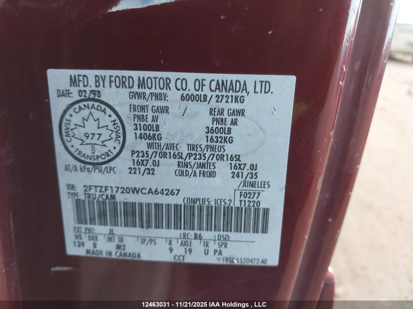 1998 Ford F-150 Lariat/Standard/Xl/Xlt VIN: 2FTZF1720WCA64267 Lot: 12463031