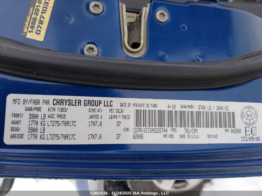 2010 Dodge Ram 1500 VIN: 1D7RV1GT2AS222744 Lot: 12463036