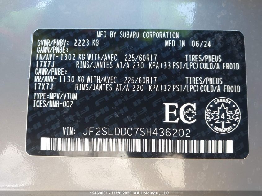 2025 Subaru Forester Premium VIN: JF2SLDDC7SH436202 Lot: 12463051
