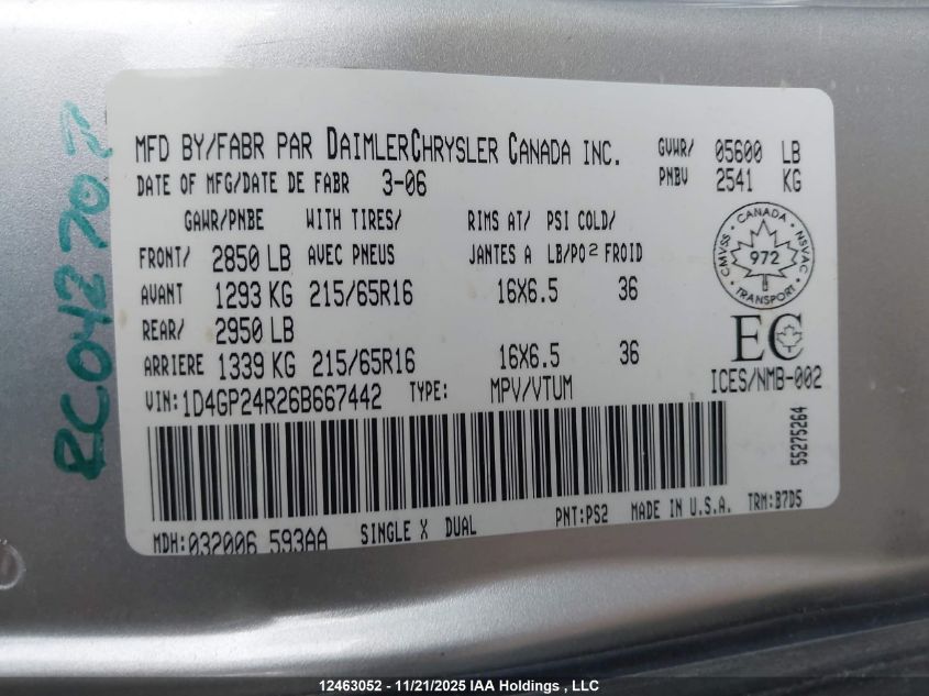 2006 Chrysler Grand Caravan VIN: 1D4GP24R26B667442 Lot: 12463052