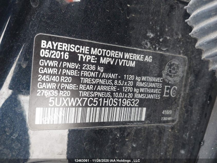 2017 BMW X3 xDrive35I VIN: 5UXWX7C51H0S19632 Lot: 12463061