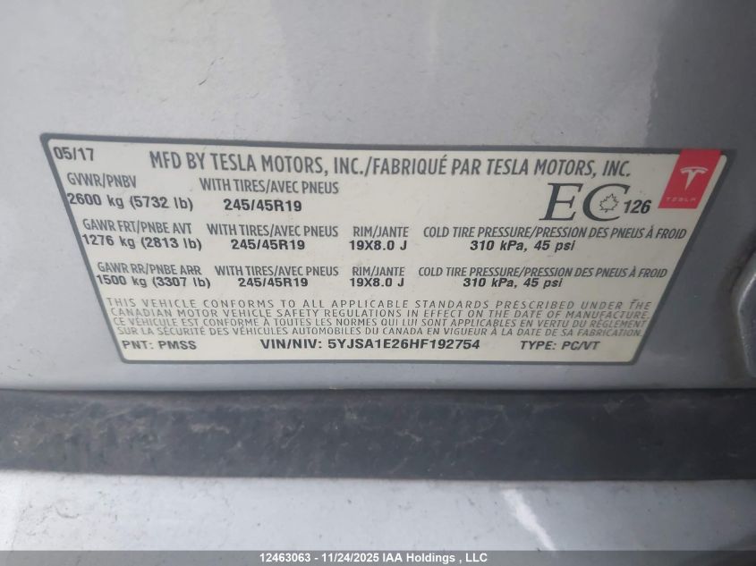 2017 Tesla Model S VIN: 5YJSA1E26HF192754 Lot: 12463063