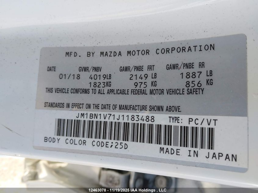 2018 Mazda 3 Gs VIN: JM1BN1V71J1183488 Lot: 12463078