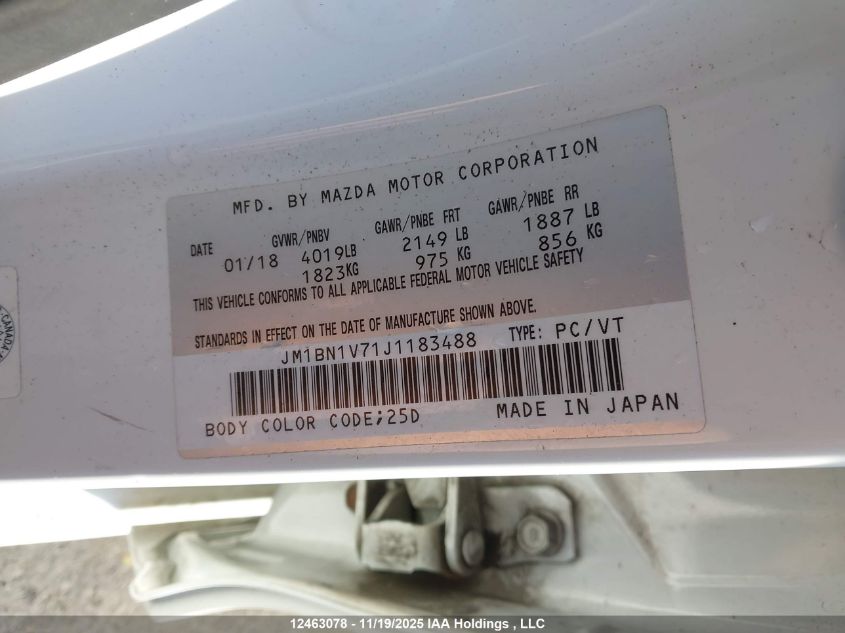 2018 Mazda 3 Gs VIN: JM1BN1V71J1183488 Lot: 12463078