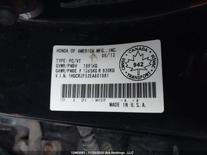 2014 Honda Accord VIN: 1HGCR2F52EA801081 Lot: 12463081