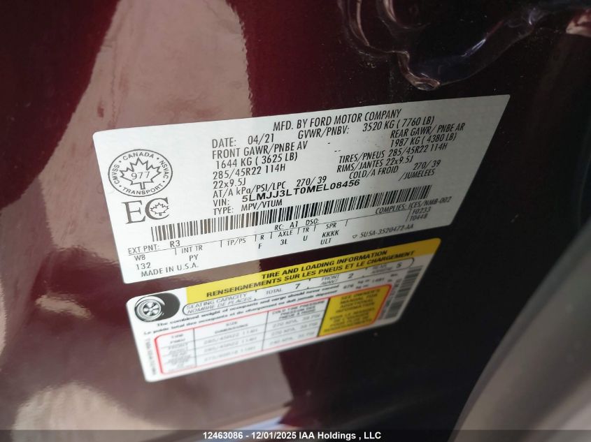 2021 Lincoln Navigator L Reserve VIN: 5LMJJ3LT0MEL08456 Lot: 12463086