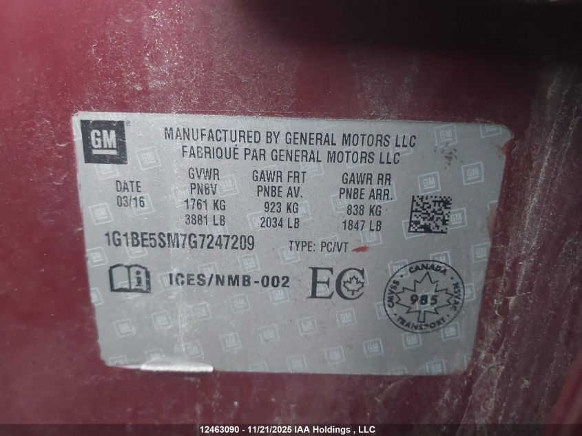 2016 Chevrolet Cruze Lt Auto VIN: 1G1BE5SM7G7247209 Lot: 12463090
