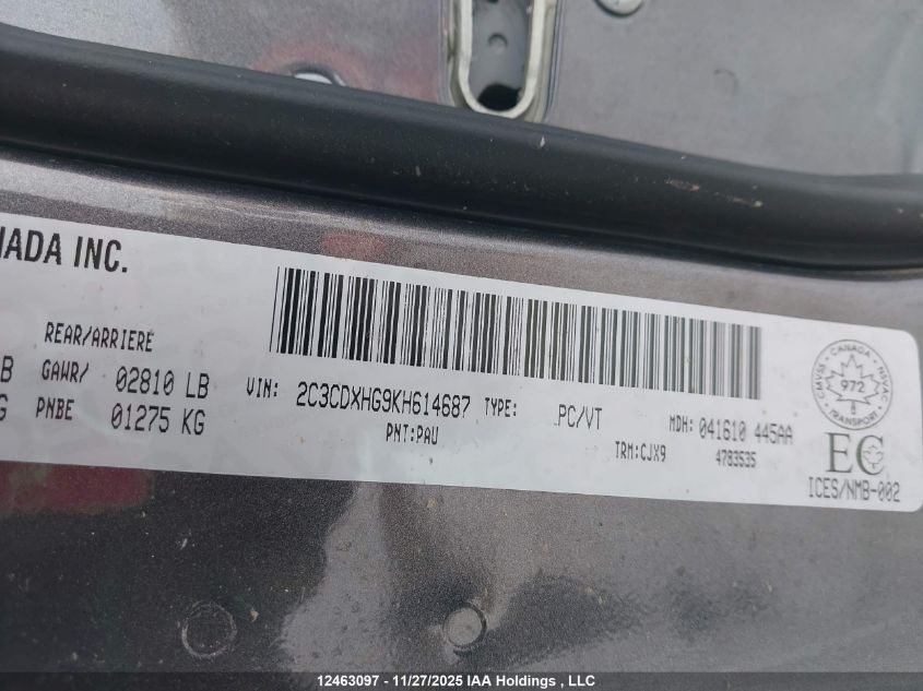 2019 Dodge Charger Gt VIN: 2C3CDXHG9KH614687 Lot: 12463097