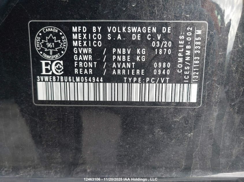 2020 Volkswagen Jetta Highline VIN: 3VWEB7BU6LM054944 Lot: 12463106