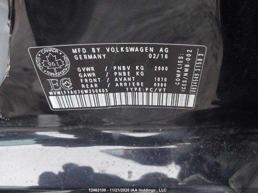 2016 Volkswagen Golf R 2.0 Tsi VIN: WVWLF7AU7GW250803 Lot: 12463108