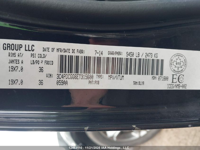 2014 Dodge Journey Crossroad VIN: 3C4PDCGG6ET315600 Lot: 12463110