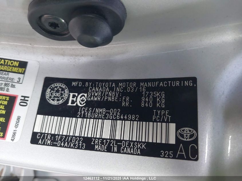 2016 Toyota Corolla S VIN: 2T1BURHE3GC644982 Lot: 12463112