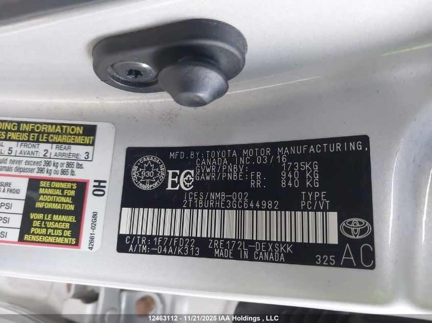 2016 Toyota Corolla S VIN: 2T1BURHE3GC644982 Lot: 12463112